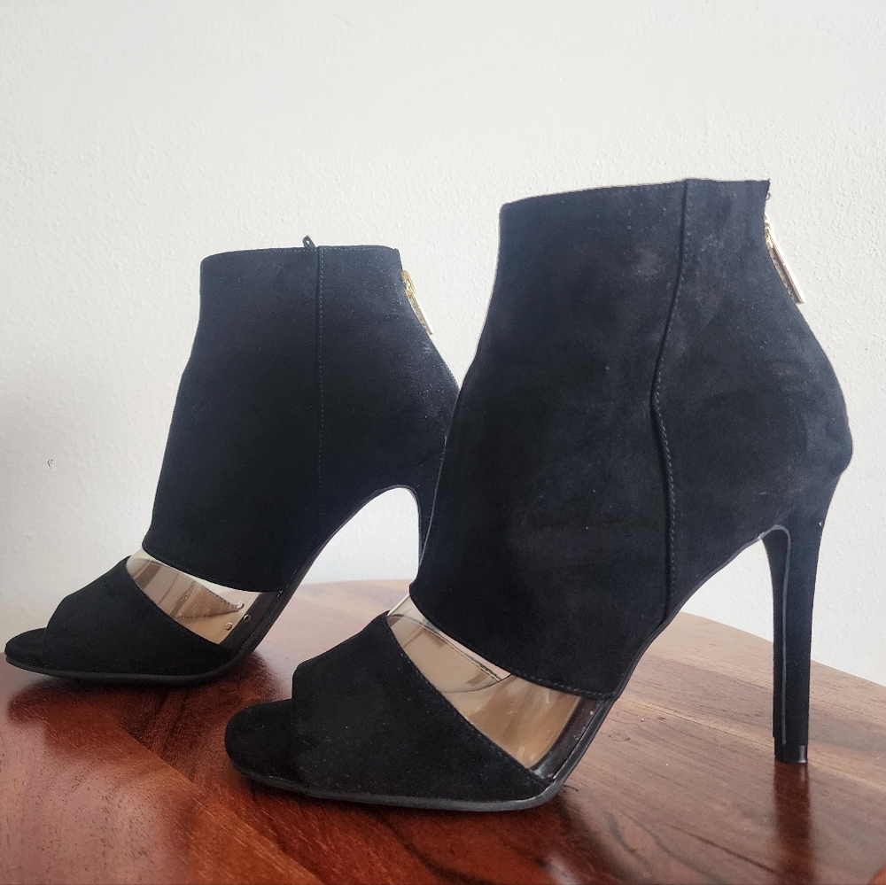 Guess Peep Toe Booties In Black Suede And Clear PVC Size 7.5 - Picture 3 of 11